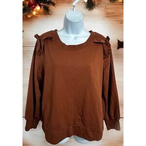 Brown Shoulder Ruffled Top Sz L 12-14 Soft Blouse Long-Sleeve Shirt Minimalist